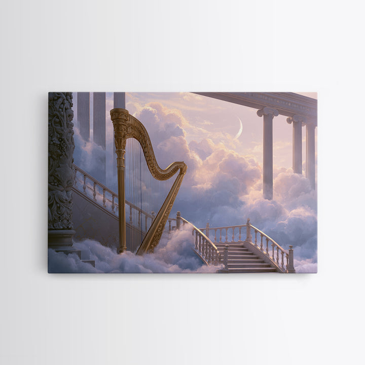 Golden Harp in a Cloud Kingdom Framed Canvas Print, Fairy Tale Art, Art Nouveau, Living Room Decor, Fine Art, Storybook, FTA-3x2-2