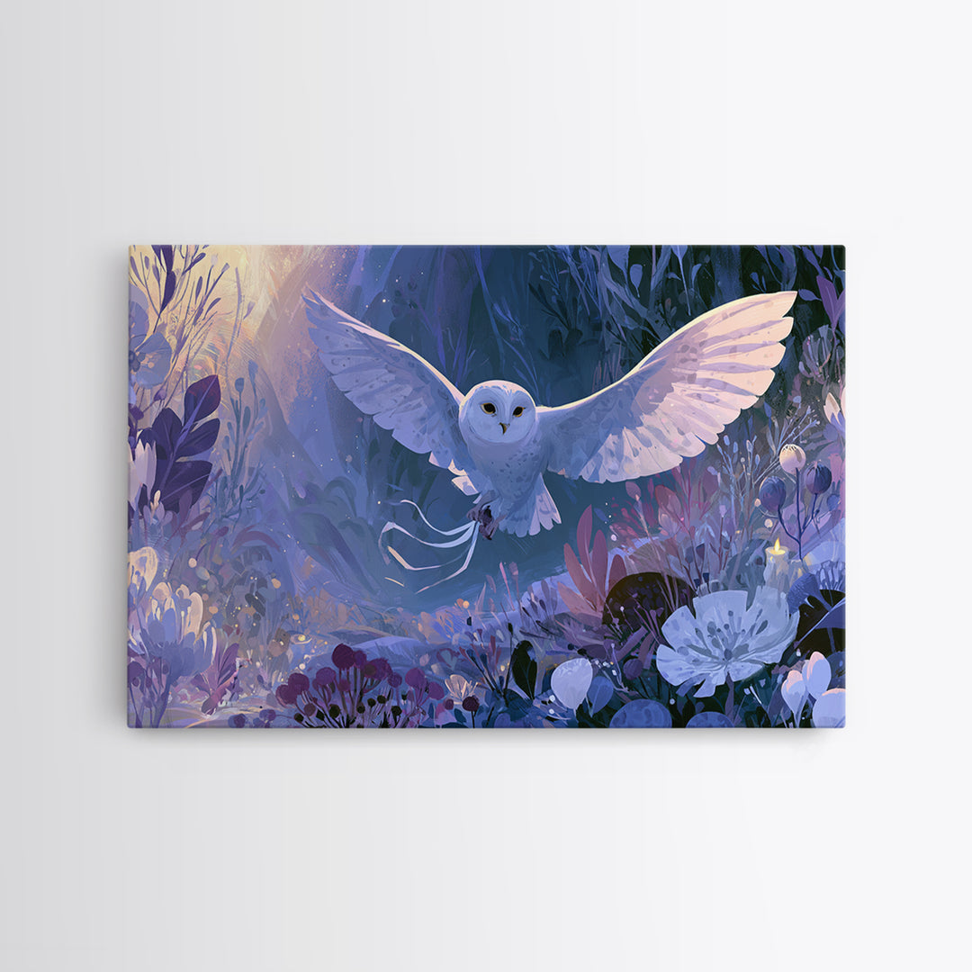 Owl Messenger Carrying a Tiny Ribbon Canvas Print, Fairy Tale Art, Whimsical Wall Art, Living Room Decor, Fine Art, Storybook, FTA-3x2-21