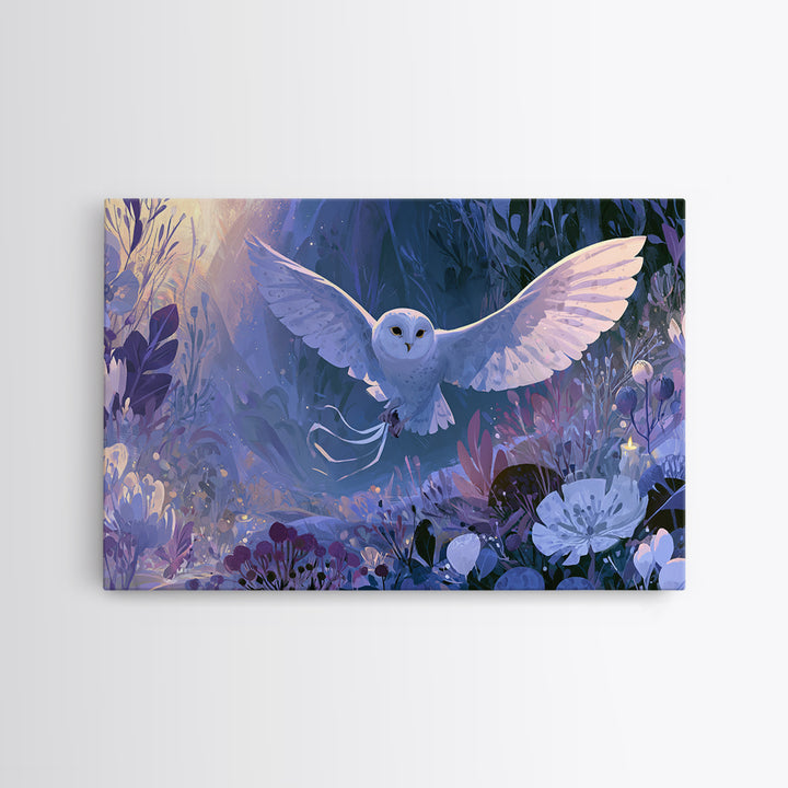 Owl Messenger Carrying a Tiny Ribbon Canvas Print, Fairy Tale Art, Whimsical Wall Art, Living Room Decor, Fine Art, Storybook, FTA-3x2-21