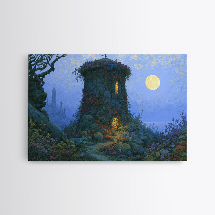 Rose Covered Tower Canvas Print, Fairy Tale Art, Boho Wall Art, Living Room Decor, Oil Painting, Storybook, Mixed Media Art, FTA-3x2-22