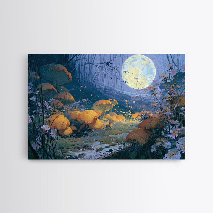Fairy Ring of Mushrooms and Wildflowers Framed Canvas Print, Fairy Tale Art, Kids Room Decor, Living Room Decor, Storybook, FTA-3x2-25
