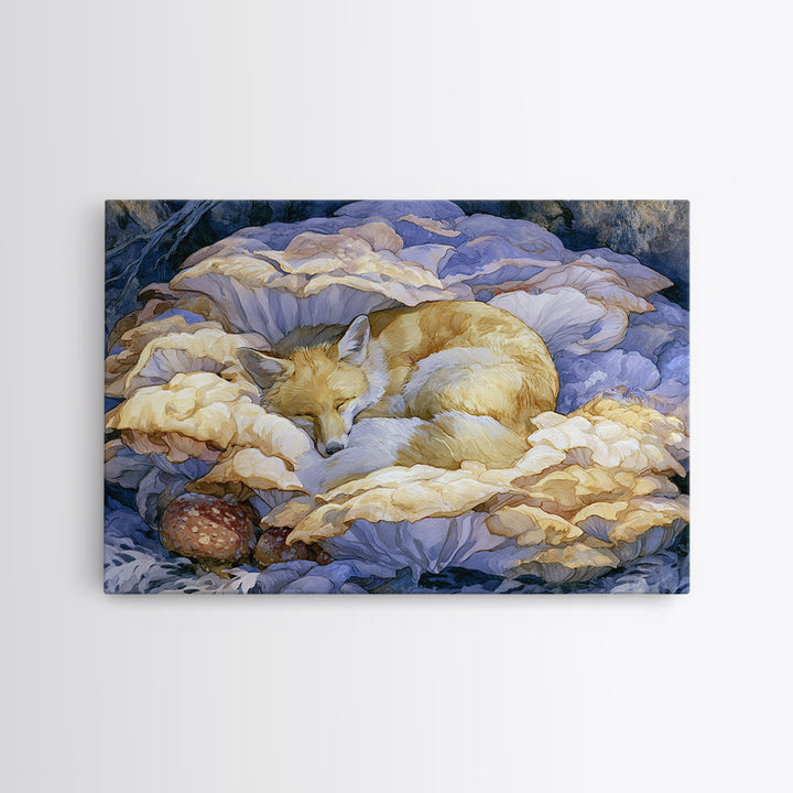 Sleeping Fox Beside a Magical Mushroom Ring Canvas Print, Fairy Tale Art, Statement Artwork, Living Room Decor, Storybook, FTA-3x2-31