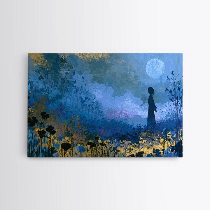 Princess Silhouette with Moonlit Garden Flowers Canvas Print, Fairy Tale Art, Mixed Media Art, Living Room Decor, Storybook, FTA-3x2-32