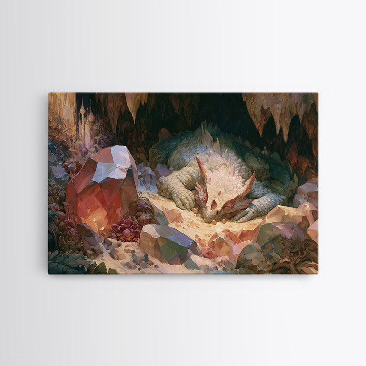 Sleeping Dragon in a Cave of Crystals Canvas Print, Fairy Tale Art, Boho Wall Art, Living Room Decor, Oil Painting, Storybook, FTA-3x2-4