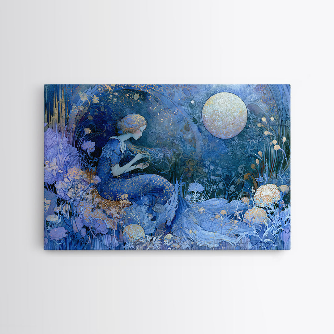 Mermaid Combing Hair Beneath a Pearl Moon Framed Canvas Print, Fairy Tale Art, Fantasy Art, Living Room Decor, Oil Painting, FTA-3x2-40