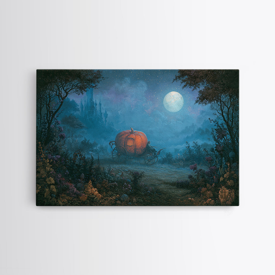 Pumpkin Carriage under Midnight Sky Canvas Print, Fairy Tale Art, Art Nouveau Print, Living Room Decor, Watercolor Art, FTA-3x2-44