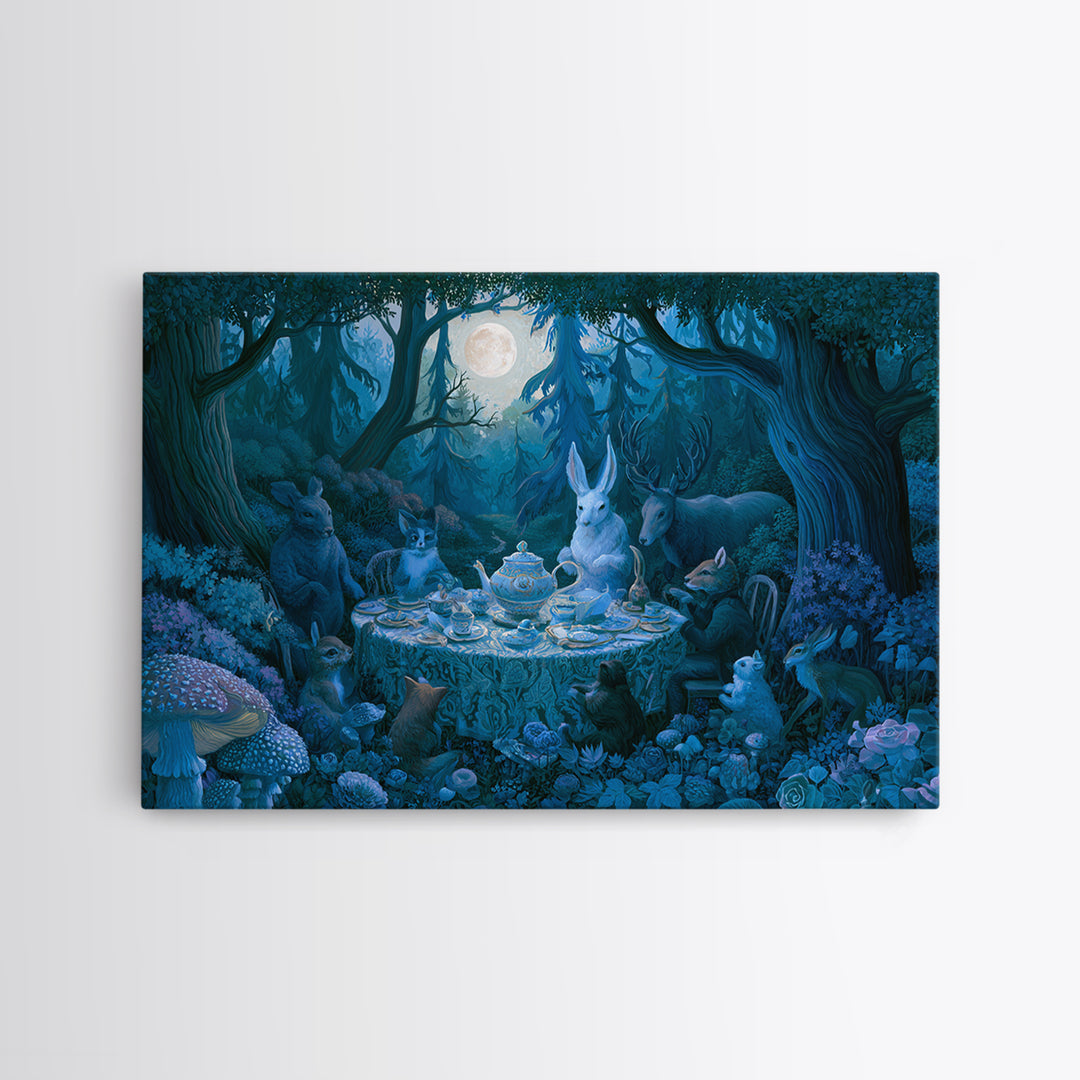Woodland Tea Party Framed Canvas Print, Fairy Tale Art, Art Deco, Living Room Decor, Oil Painting, Storybook, Whimsical Art, FTA-3x2-47