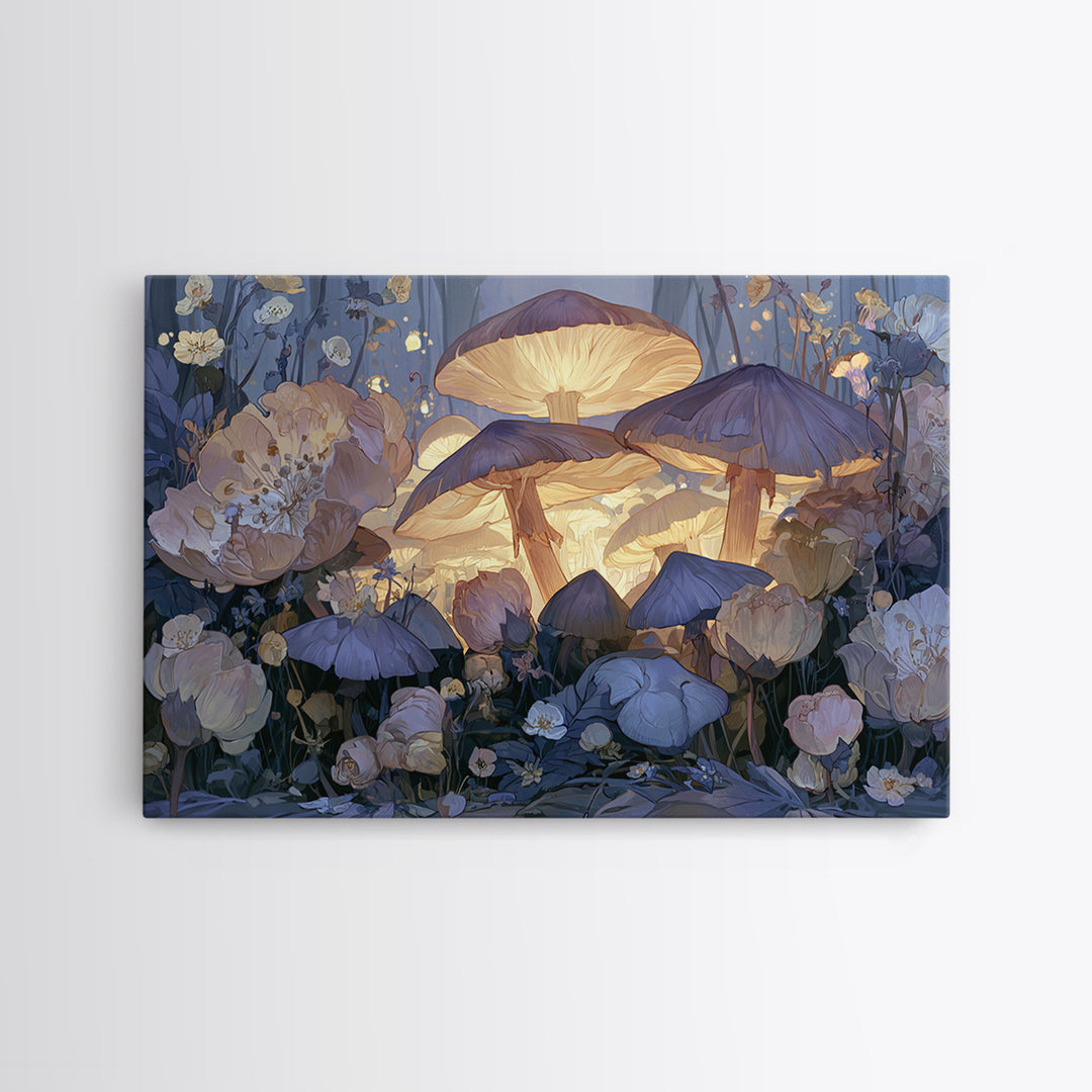 Fairy Ring of Mushrooms and Wildflowers Canvas Print, Fairy Tale Art, Neutral Decor, Living Room Decor, Oil Painting, Storybook, FTA-3x2-49