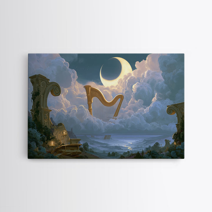 Golden Harp in a Cloud Kingdom Framed Canvas Print, Fairy Tale Art, Princess Wall Art, Living Room Decor, Oil Painting, FTA-3x2-50