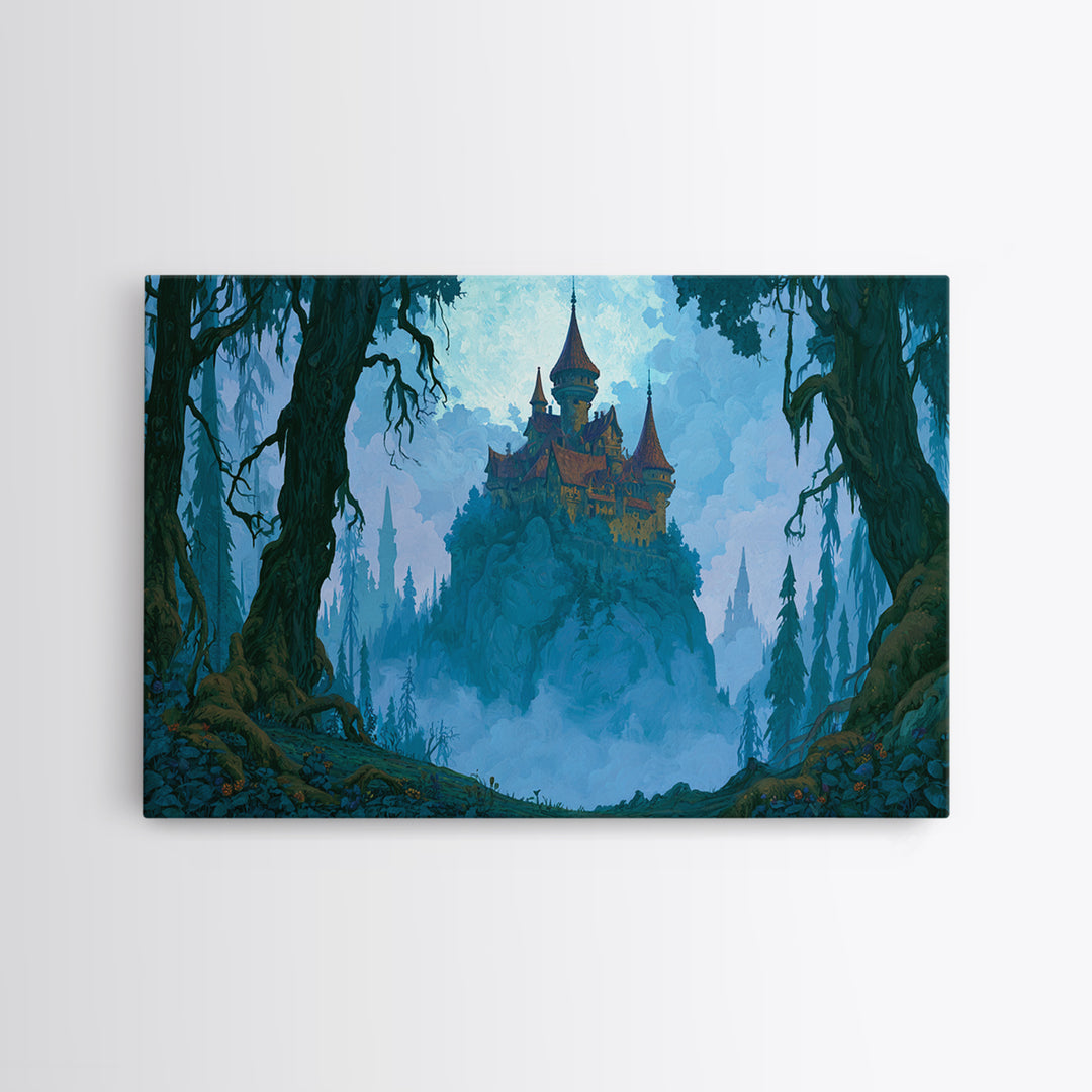 Storybook Castle on a Misty Hill Canvas Print, Fairy Tale Art, Dark Art, Living Room Decor, Storybook, Statement Artwork, FTA-3x2-54