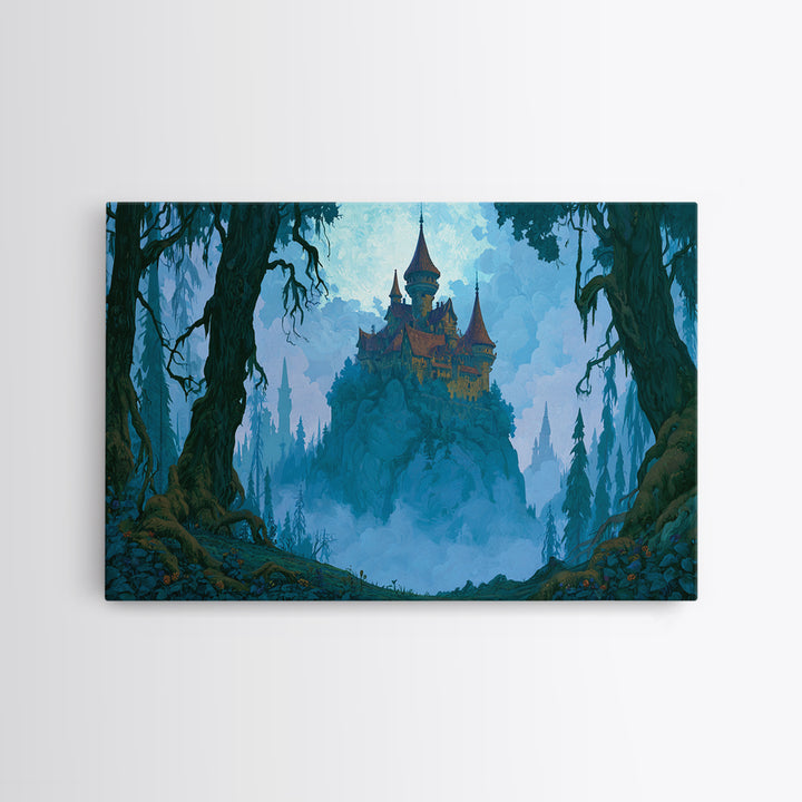 Storybook Castle on a Misty Hill Canvas Print, Fairy Tale Art, Dark Art, Living Room Decor, Storybook, Statement Artwork, FTA-3x2-54