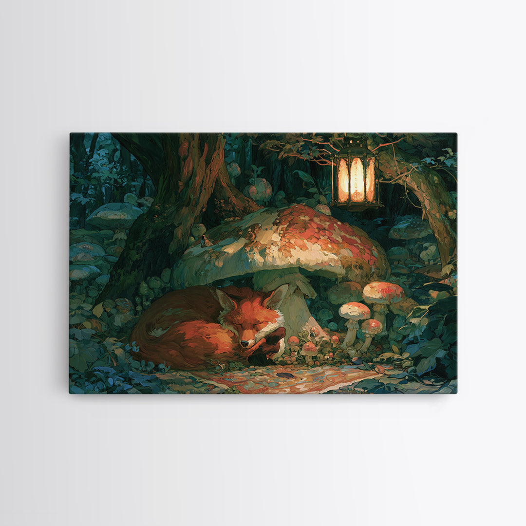 Sleeping Fox Beside a Magical Mushroom Ring Canvas Print, Fairy Tale Art, Boho Wall Art, Living Room Decor, Storybook, FTA-3x2-55