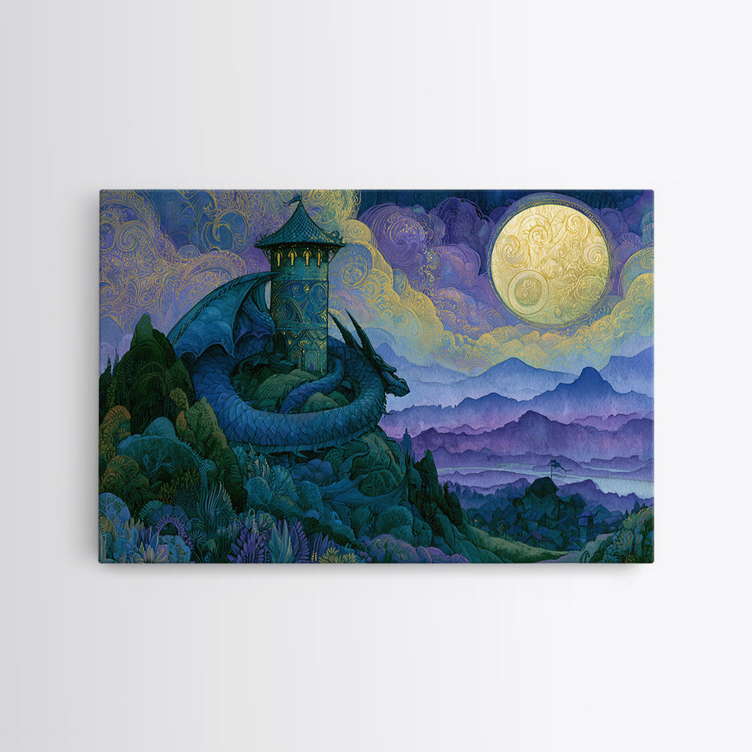 Dragon Curled Around a Jeweled Tower Canvas Print, Fairy Tale Art, Fairy Art, Living Room Decor, Fine Art, Storybook, FTA-3x2-57