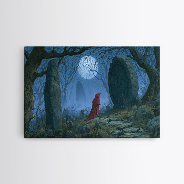 Red Cloak Figure Walking Through Dark Woods Canvas Print, Fairy Tale Art, Textured Painting, Living Room Decor, Storybook, FTA-3x2-60