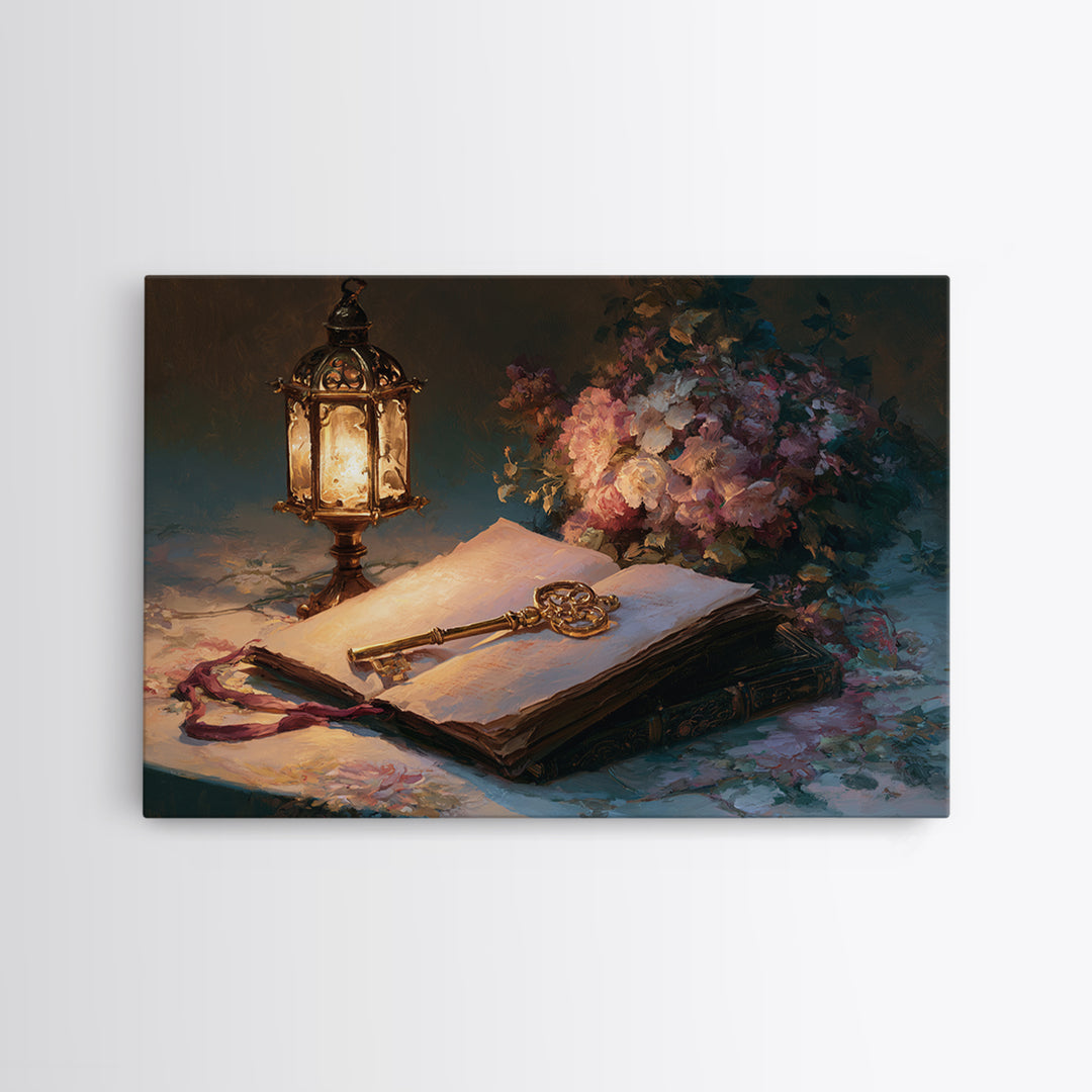 Golden Key and Enchanted Book Still Life Canvas Print, Fairy Tale Art, Fantasy Art, Living Room Decor, Oil Painting, Storybook, FTA-3x2-61