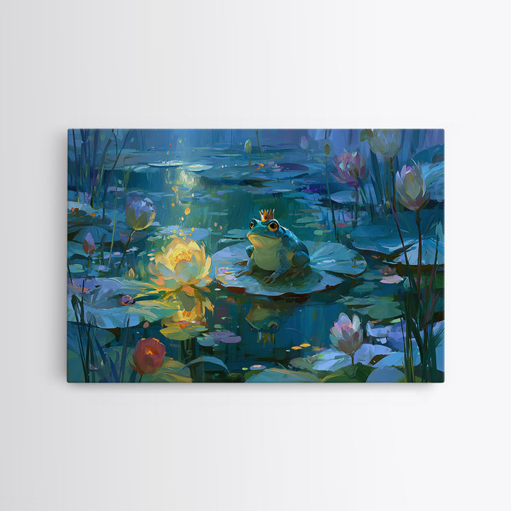 Frog Prince on a Lily Pad Framed Canvas Print, Fairy Tale Art, Dark Art, Living Room Decor, Storybook, Statement Artwork, FTA-3x2-63