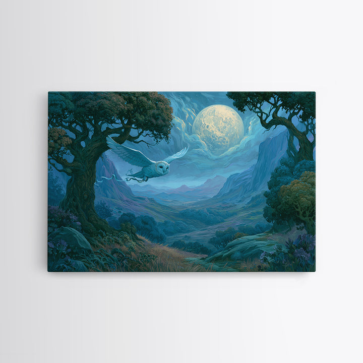 Owl Messenger Carrying a Tiny Ribbon Framed Canvas Print, Fairy Tale Art, Gallery Decor, Living Room Decor, Fine Art, Storybook, FTA-3x2-69