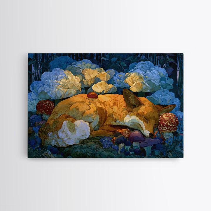 Sleeping Fox Beside a Magical Mushroom Ring Framed Canvas Print, Fairy Tale Art, Abstract Art, Living Room Decor, Storybook, FTA-3x2-7