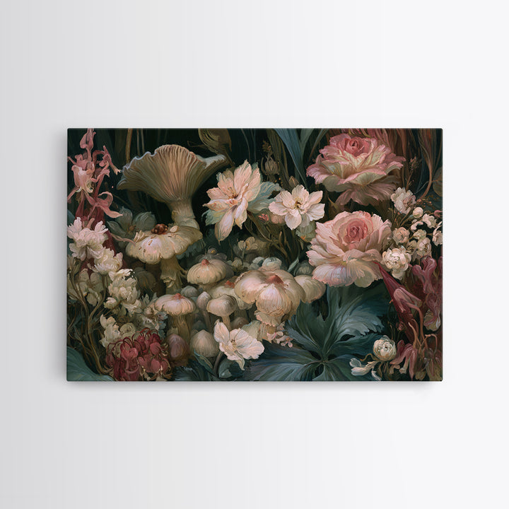 Fairy Ring of Mushrooms and Wildflowers Canvas Print, Fairy Tale Art, Neutral Decor, Living Room Decor, Oil Painting, Storybook, FTA-3x2-73