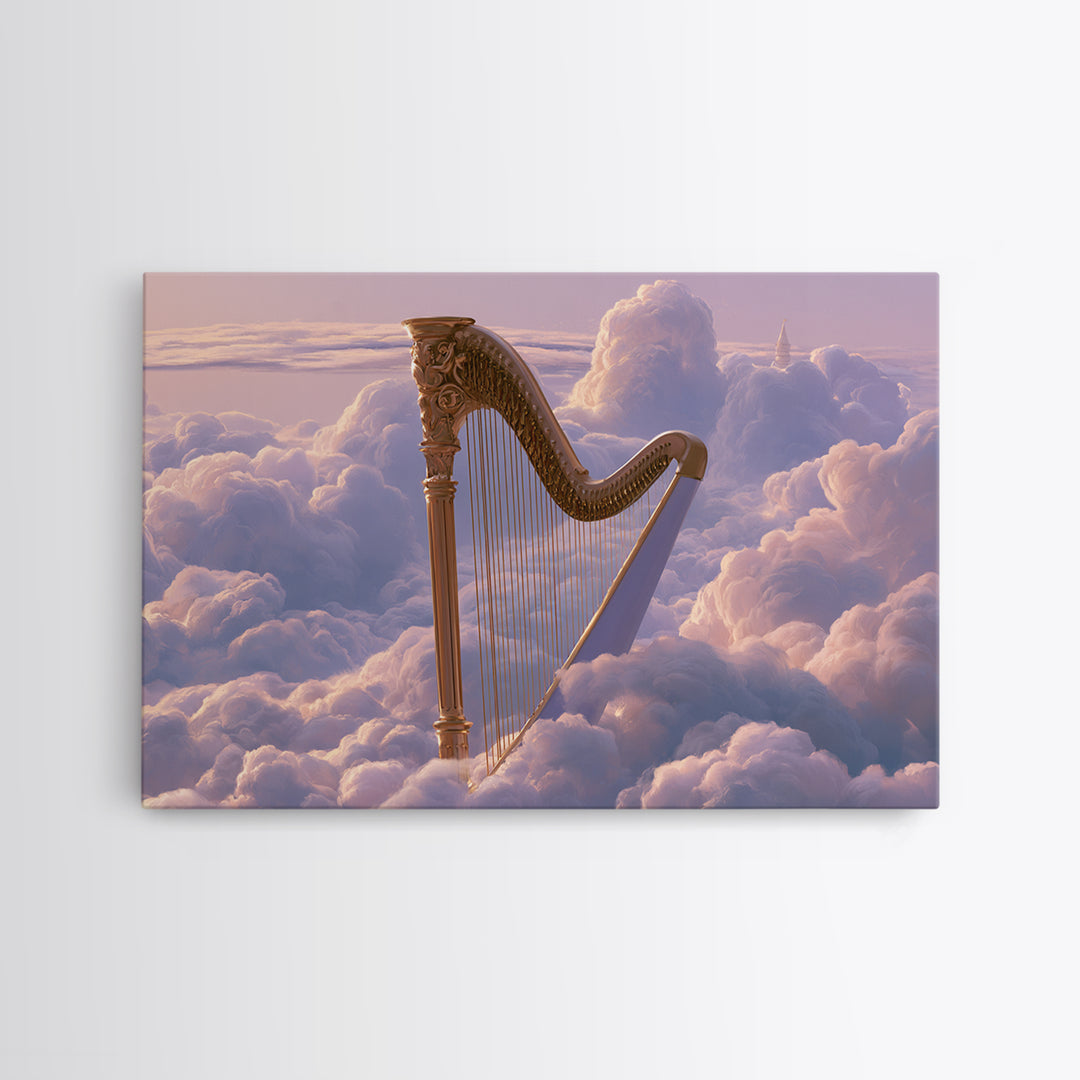 Golden Harp in a Cloud Kingdom Framed Canvas Print, Fairy Tale Art, Princess Wall Art, Living Room Decor, Oil Painting, FTA-3x2-74