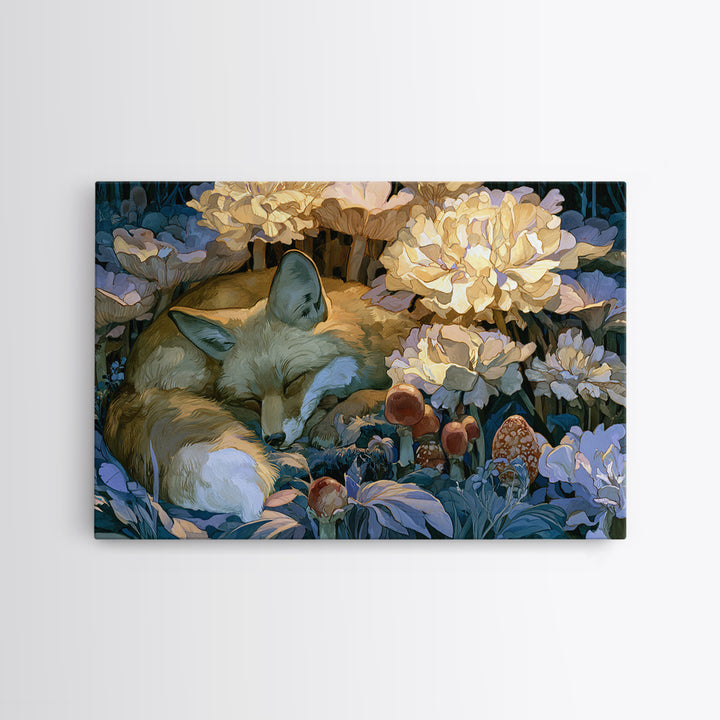 Sleeping Fox Beside a Magical Mushroom Ring Canvas Print, Fairy Tale Art, Luxury Decor, Living Room Decor, Storybook, FTA-3x2-79