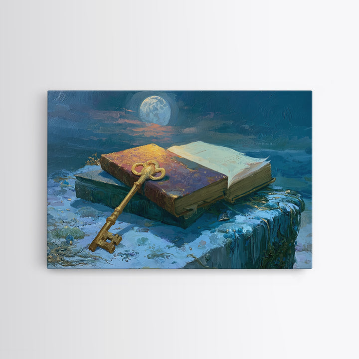 Golden Key and Enchanted Book Still Life Framed Canvas Print, Fairy Tale Art, Statement Artwork, Living Room Decor, Storybook, FTA-3x2-85