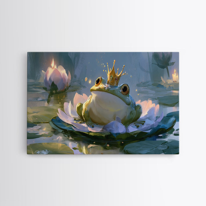 Frog Prince on a Lily Pad Framed Canvas Print, Fairy Tale Art, Wall Decor, Living Room Decor, Storybook, Boho Wall Art, FTA-3x2-87