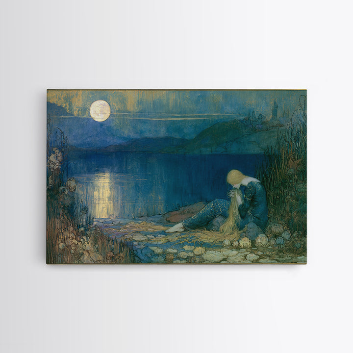 Mermaid Combing Hair Beneath a Pearl Moon Canvas Print, Fairy Tale Art, Painting, Living Room Decor, Fine Art, Storybook, FTA-3x2-88