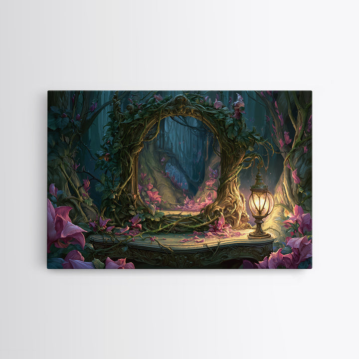 Magic Mirror Framed by Vines and Thorns Canvas Print, Fairy Tale Art, Boho Decor, Living Room Decor, Oil Painting, Storybook, FTA-3x2-89