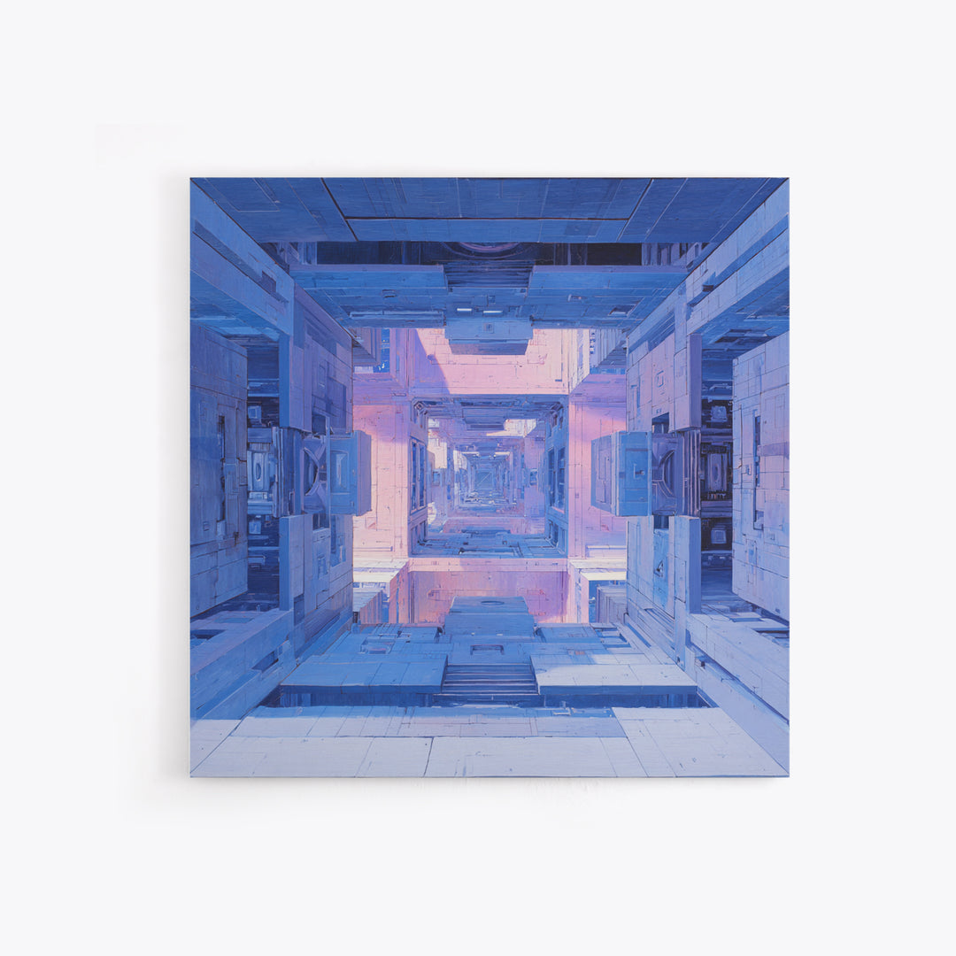 White and Blue Utopian Megastructure Canvas Print, Futuristic Art, Canvas Wall Art, Living Room Decor, Watercolor Art, Future, FUT-1x1-36