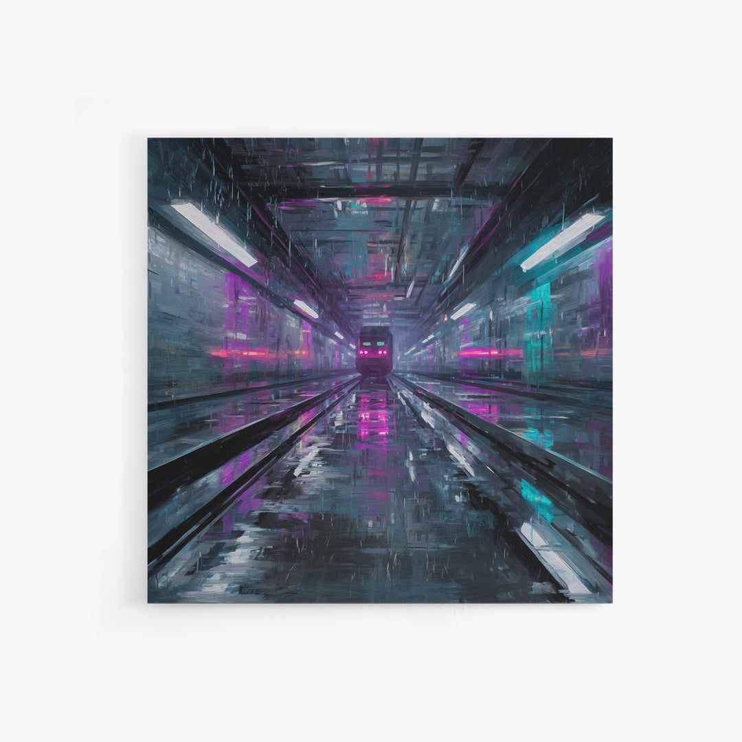 Transparent Train Speeding Through Light Tunnels Canvas Print, Futuristic Art, Statement Artwork, Living Room Decor, Future, FUT-1x1-59