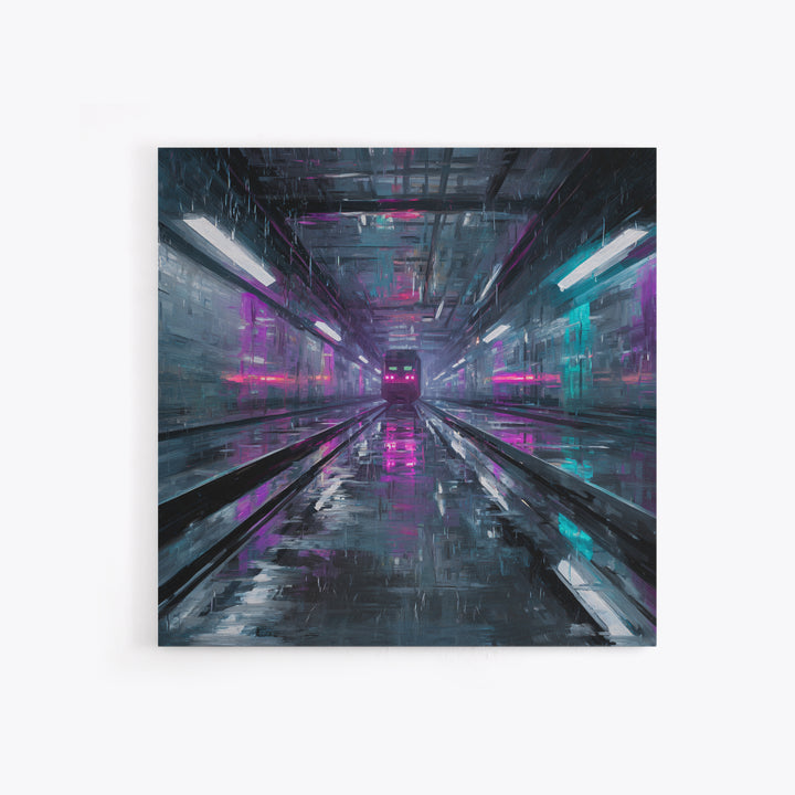 Transparent Train Speeding Through Light Tunnels Canvas Print, Futuristic Art, Statement Artwork, Living Room Decor, Future, FUT-1x1-59