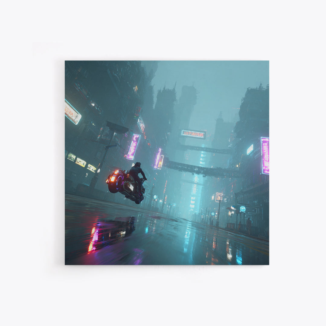 High Speed Hover Bike Trail of Light Framed Canvas Print, Futuristic Art, Cyberpunk Decor, Living Room Decor, Fine Art, Future, FUT-1x1-68
