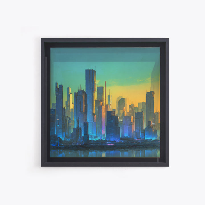 Sleek Chrome City Skyline Framed Canvas Print, Futuristic Art, Modern Wall Art, Living Room Decor, Abstract Art, Future, FUT-1x1-73