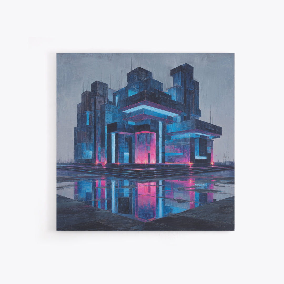 White and Blue Utopian Megastructure Framed Canvas Print, Futuristic Art, Living Room Decor, Abstract Art, Future, FUT-1x1-84