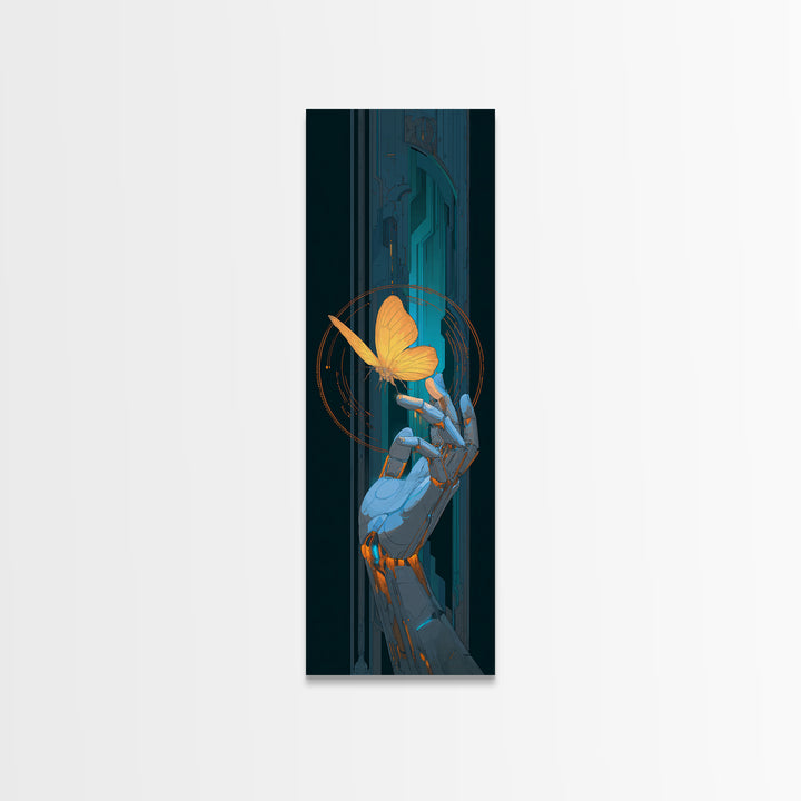 Robotic Hand Holding a Delicate Butterfly Framed Canvas Print, Futuristic Art, Colorful Wall Art, Living Room Decor, Future, FUT-1x3-20