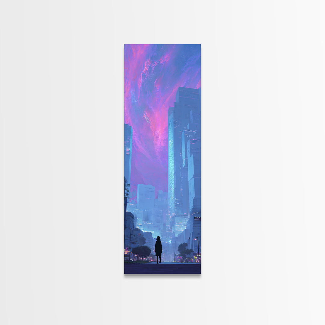 Digital Aurora Above a Clean White City Framed Canvas Print, Futuristic Art, Digital Poster, Living Room Decor, Future, FUT-1x3-36