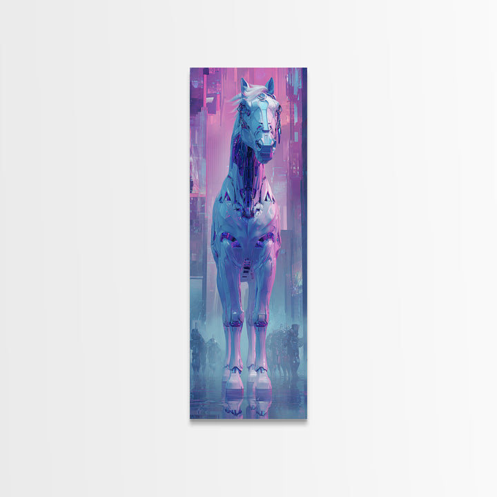 Cybernetic Horse in a Luminous Field Canvas Print, Futuristic Art, Digital Art, Living Room Decor, Future, Landscape Art, FUT-1x3-49