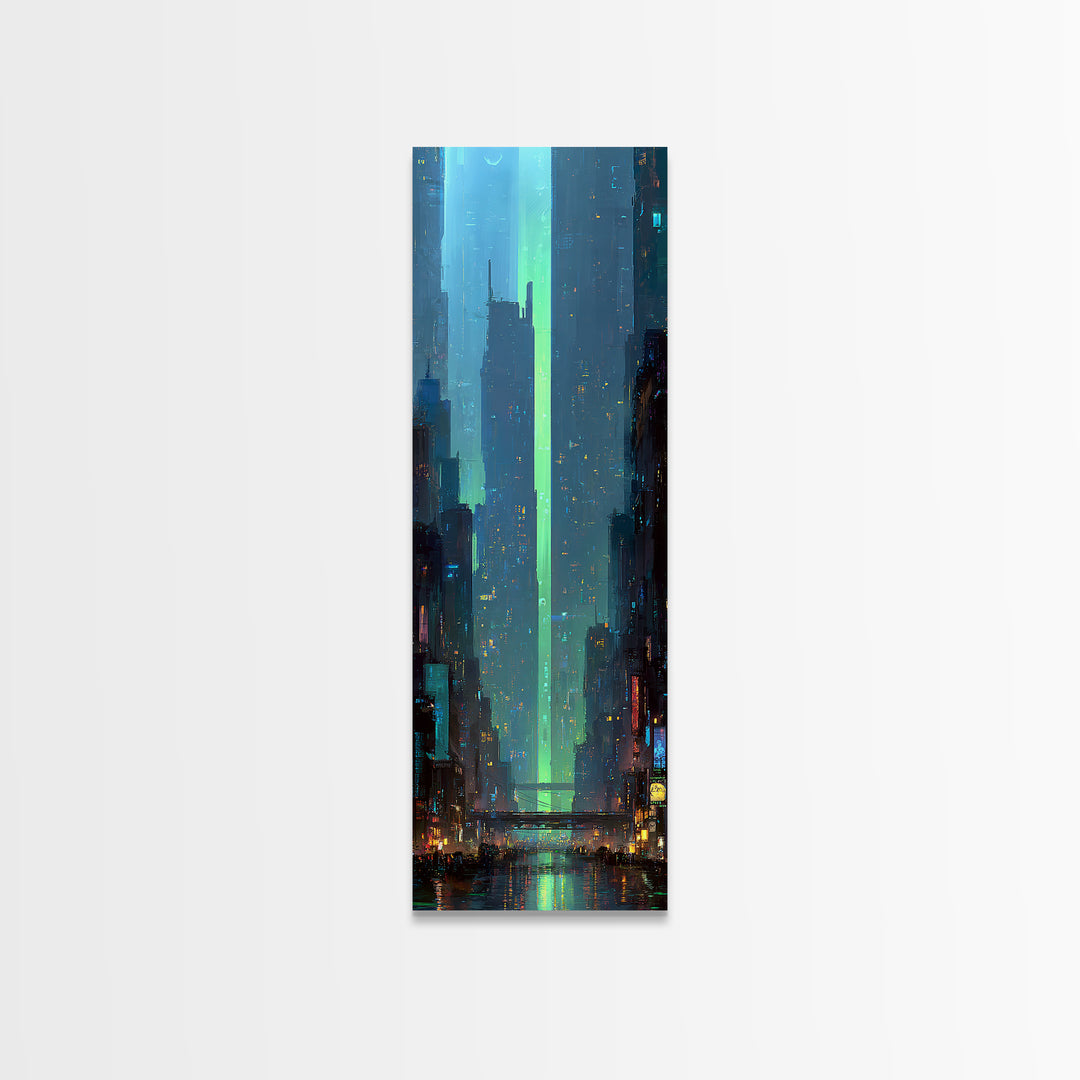 Digital Aurora Above a Clean White City Canvas Print, Futuristic Art, Eclectic Home Decor, Living Room Decor, Abstract Art, FUT-1x3-60