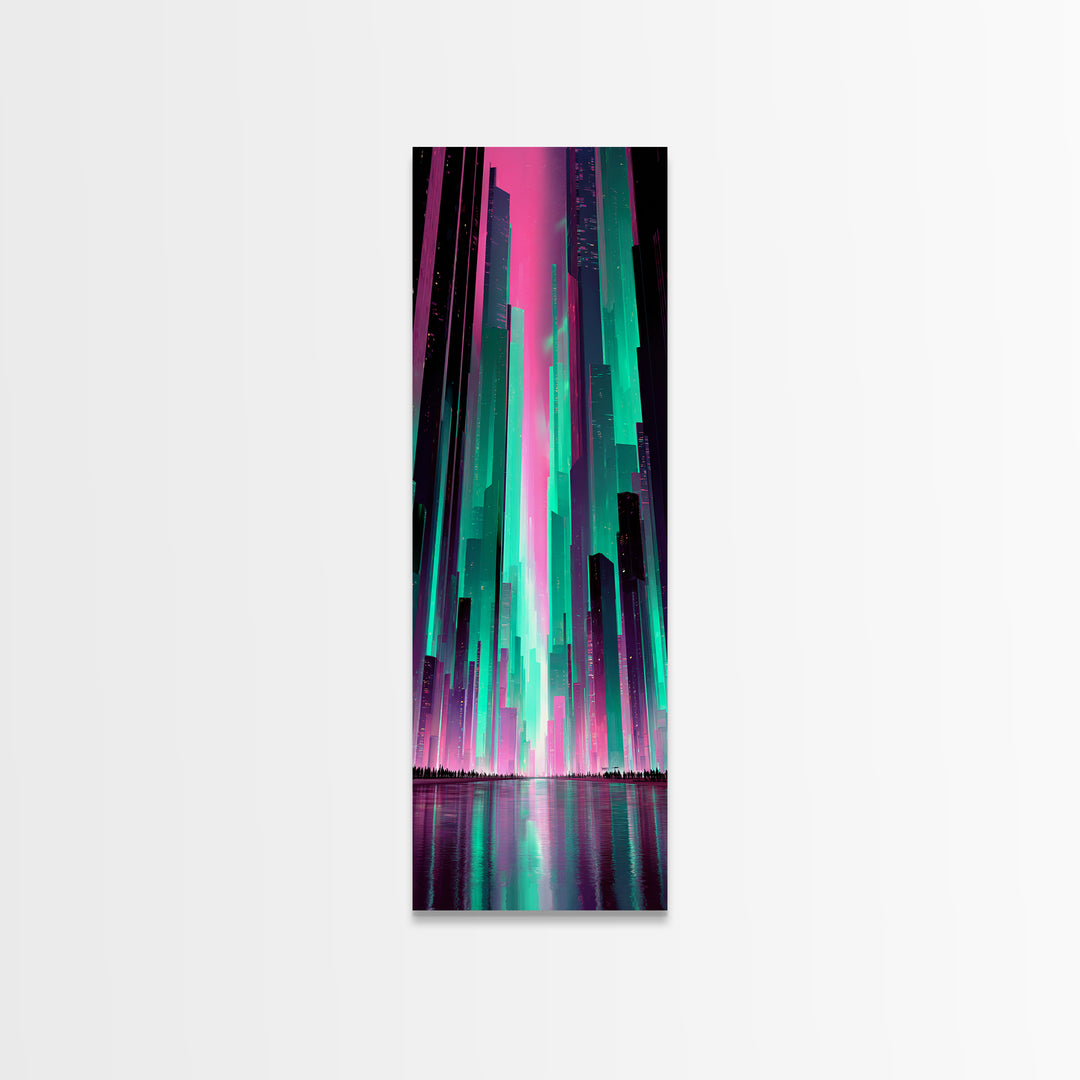 Digital Aurora Above a Clean White City Framed Canvas Print, Futuristic Art, Statement Artwork, Living Room Decor, Future, FUT-1x3-84