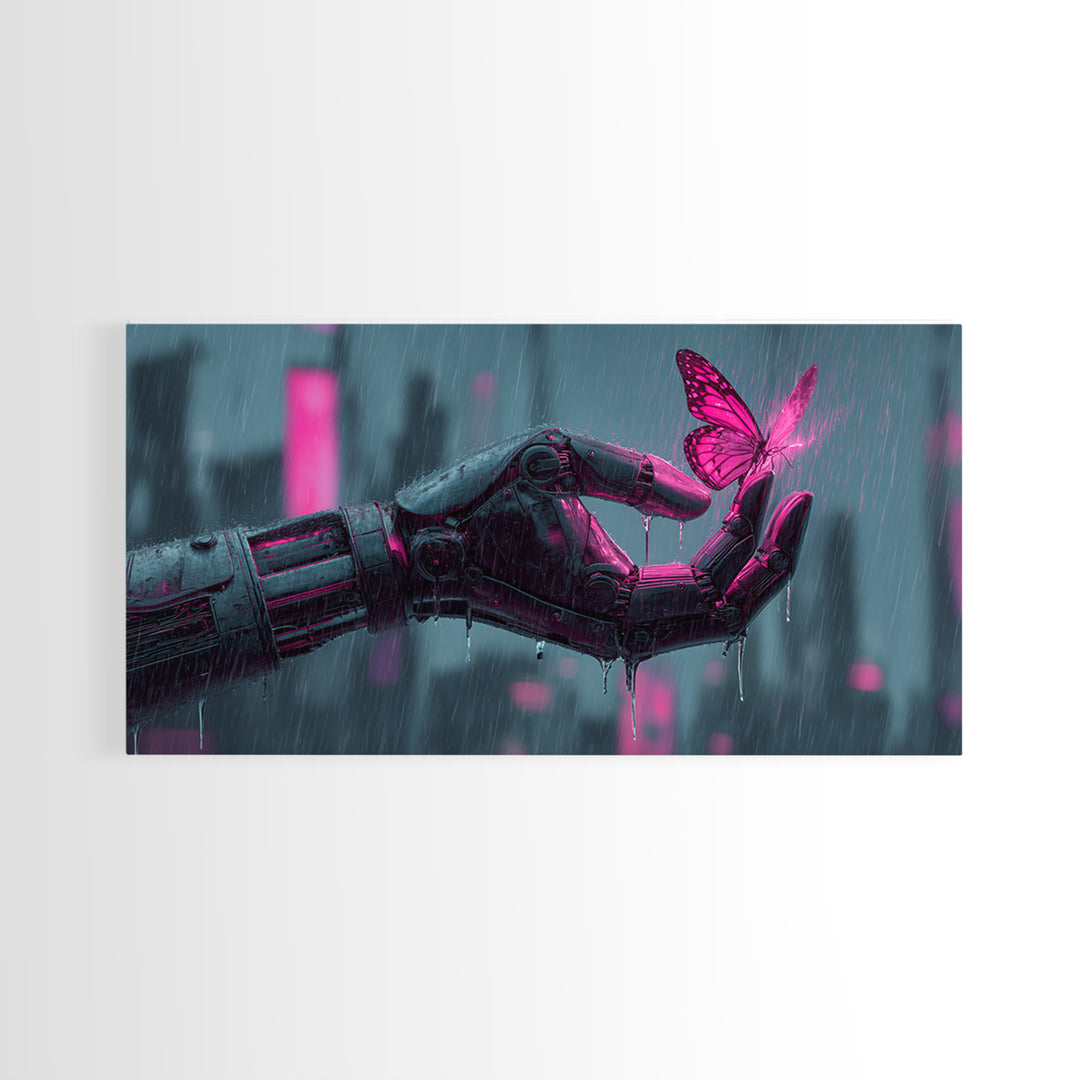 Robotic Hand Holding a Delicate Butterfly Framed Canvas Print, Futuristic Art, Unique Home Decor, Living Room Decor, Future, FUT-2x1-100
