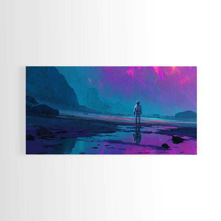 Silver Astronaut Walking Through Neon Desert Canvas Print, Futuristic Art, Steampunk Decor, Living Room Decor, Future, FUT-2x1-25