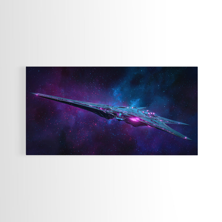 Solar Sail Ship Crossing Star Filled Space Framed Canvas Print, Futuristic Art, Landscape Art, Living Room Decor, Future, FUT-2x1-37