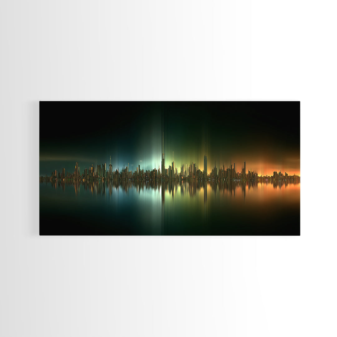 Sleek Chrome City Skyline Framed Canvas Print, Futuristic Art, Contemporary Art, Living Room Decor, Fine Art, Future, FUT-2x1-45