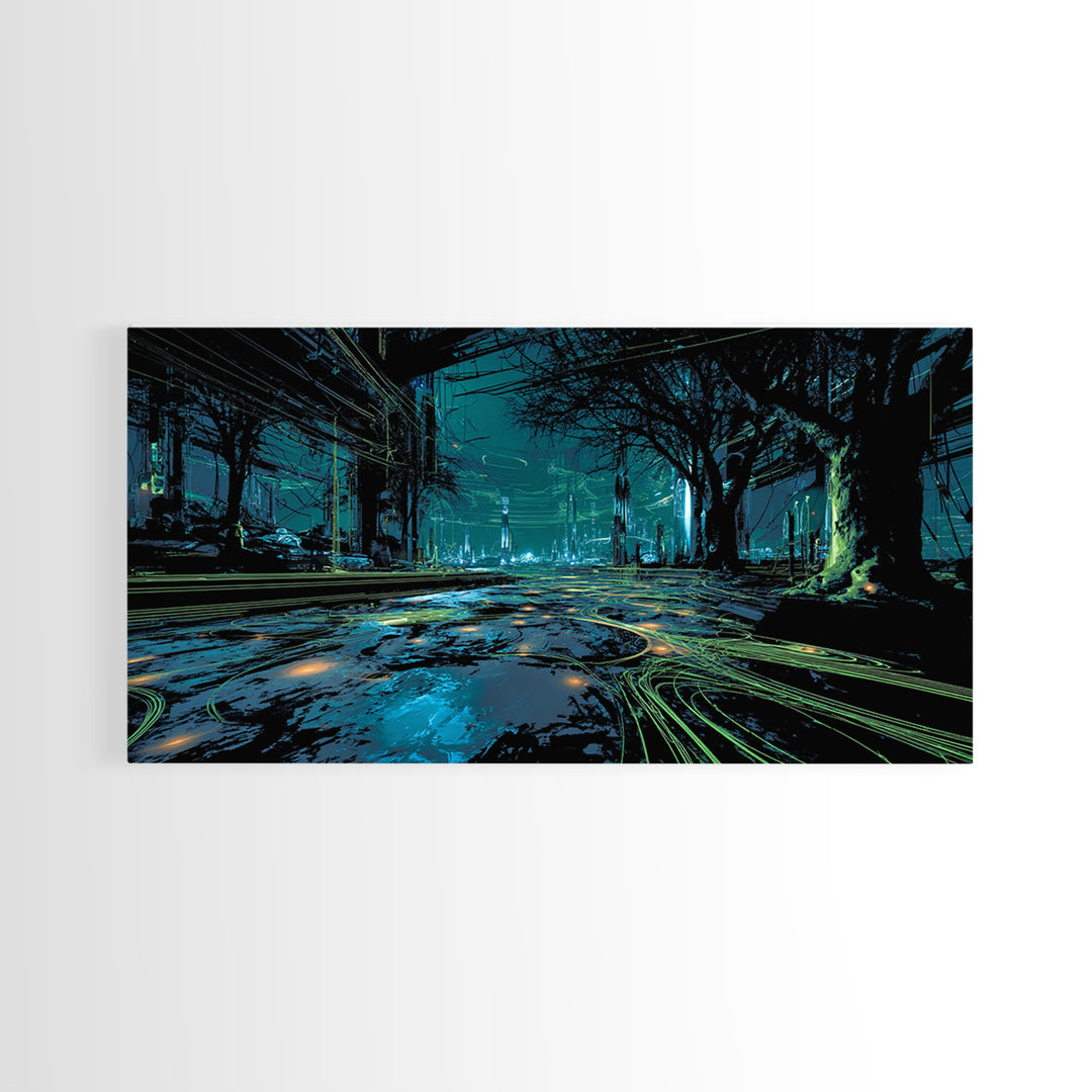Bioluminescent Garden in a Future Habitat Canvas Print, Futuristic Art, Living Room Decor, Watercolor Art, Future, FUT-2x1-48