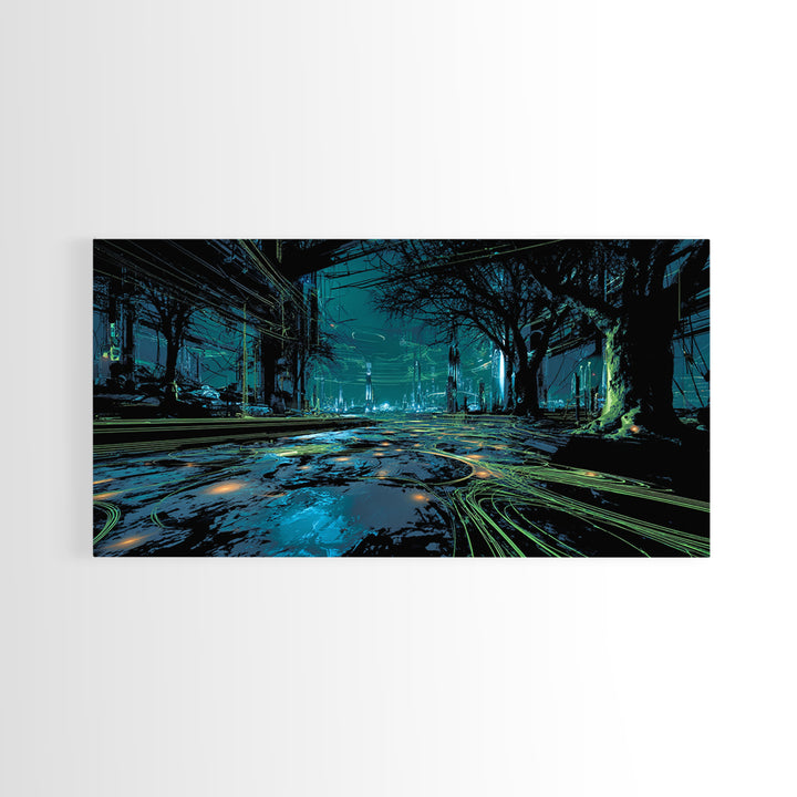 Bioluminescent Garden in a Future Habitat Canvas Print, Futuristic Art, Living Room Decor, Watercolor Art, Future, FUT-2x1-48