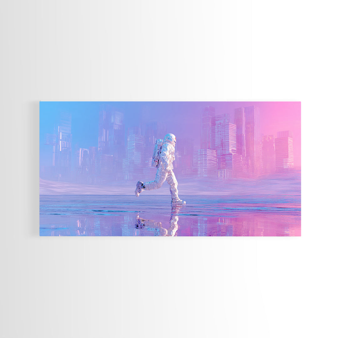 Silver Astronaut Walking Through Neon Desert Canvas Print, Futuristic Art, Victorian Decor, Living Room Decor, Fine Art, Future, FUT-2x1-49