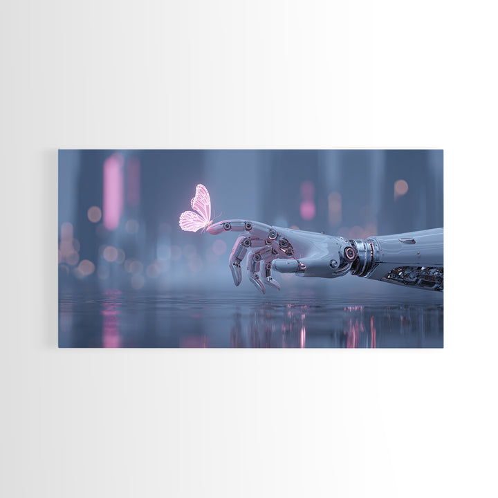 Robotic Hand Holding a Delicate Butterfly Canvas Print, Futuristic Art, Mid Century Modern, Living Room Decor, Fine Art, Future, FUT-2x1-52