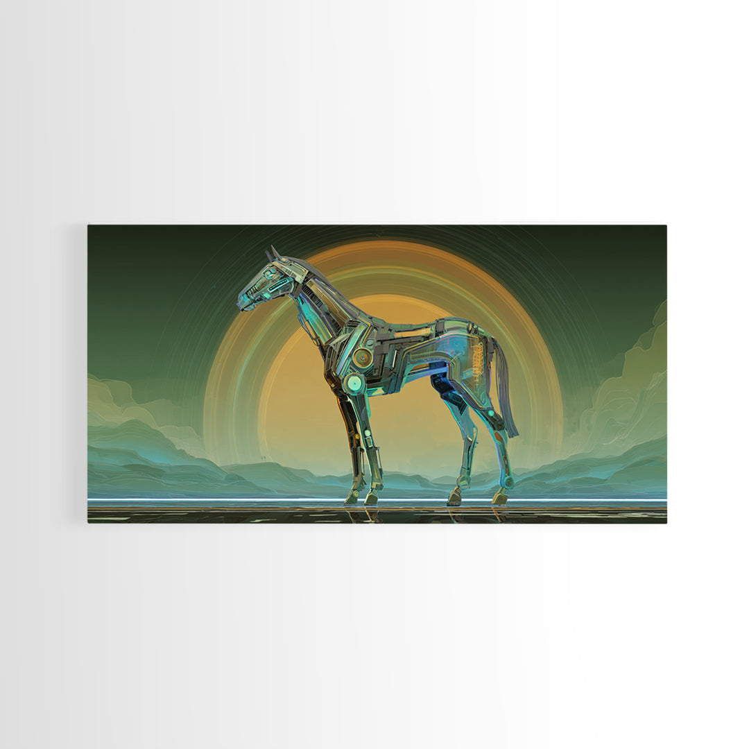 Cybernetic Horse in a Luminous Field Canvas Print, Futuristic Art, Digital Poster, Living Room Decor, Fine Art, Future, FUT-2x1-57