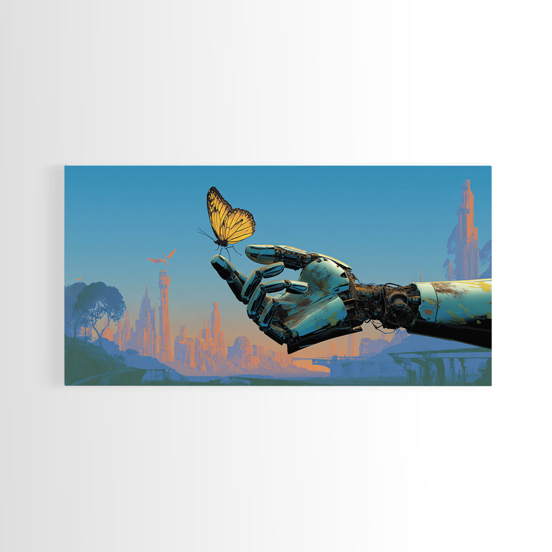 Robotic Hand Holding a Delicate Butterfly Canvas Print, Futuristic Art, Landscape Art, Living Room Decor, Fine Art, Future, FUT-2x1-76